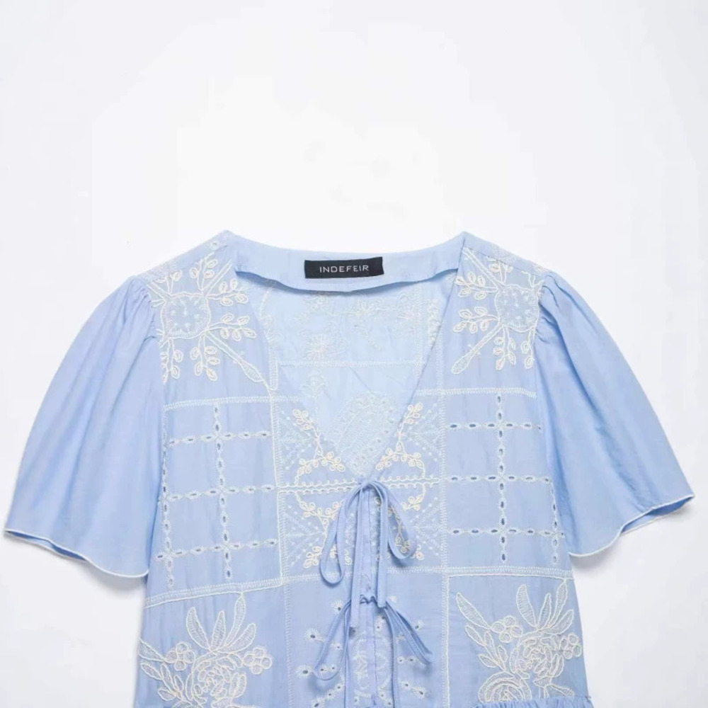 ZARA Summer Light Blue Tie Neck Ruffle Short Sleeve Blouse